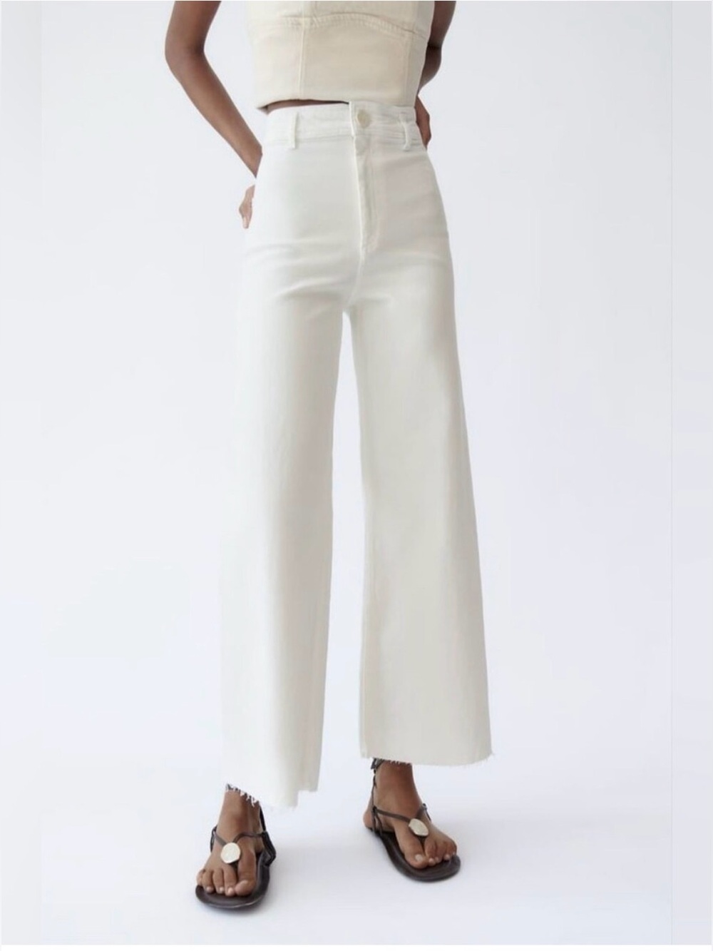 Zara Marine Saylor High-Waist Wide Leg White Jeans - Raw Hem 6